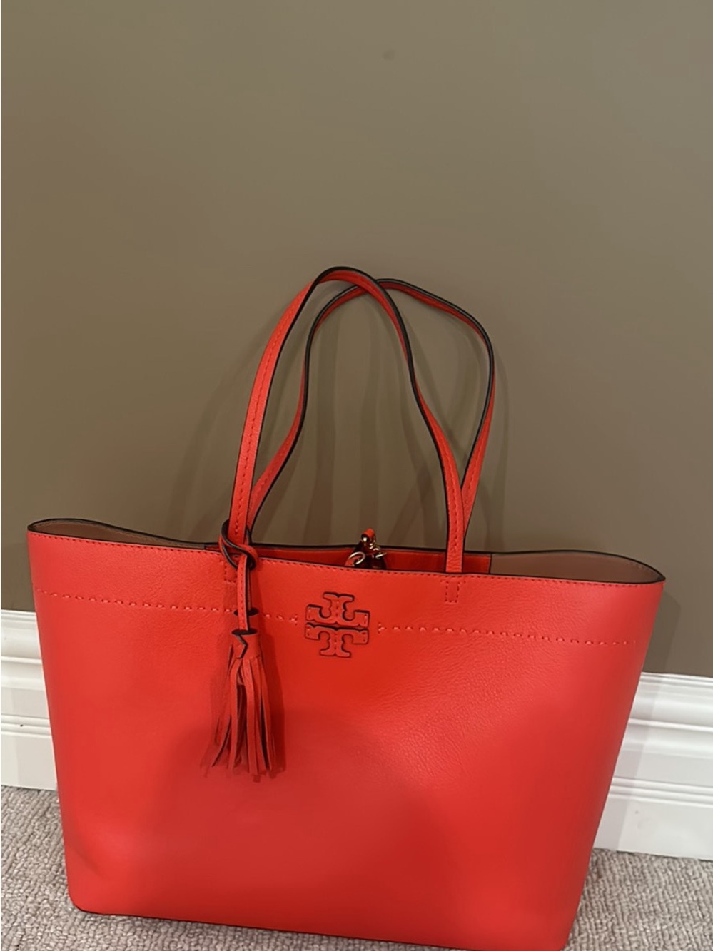 Tory Burch Coral-Red Leather Tote with Tassel